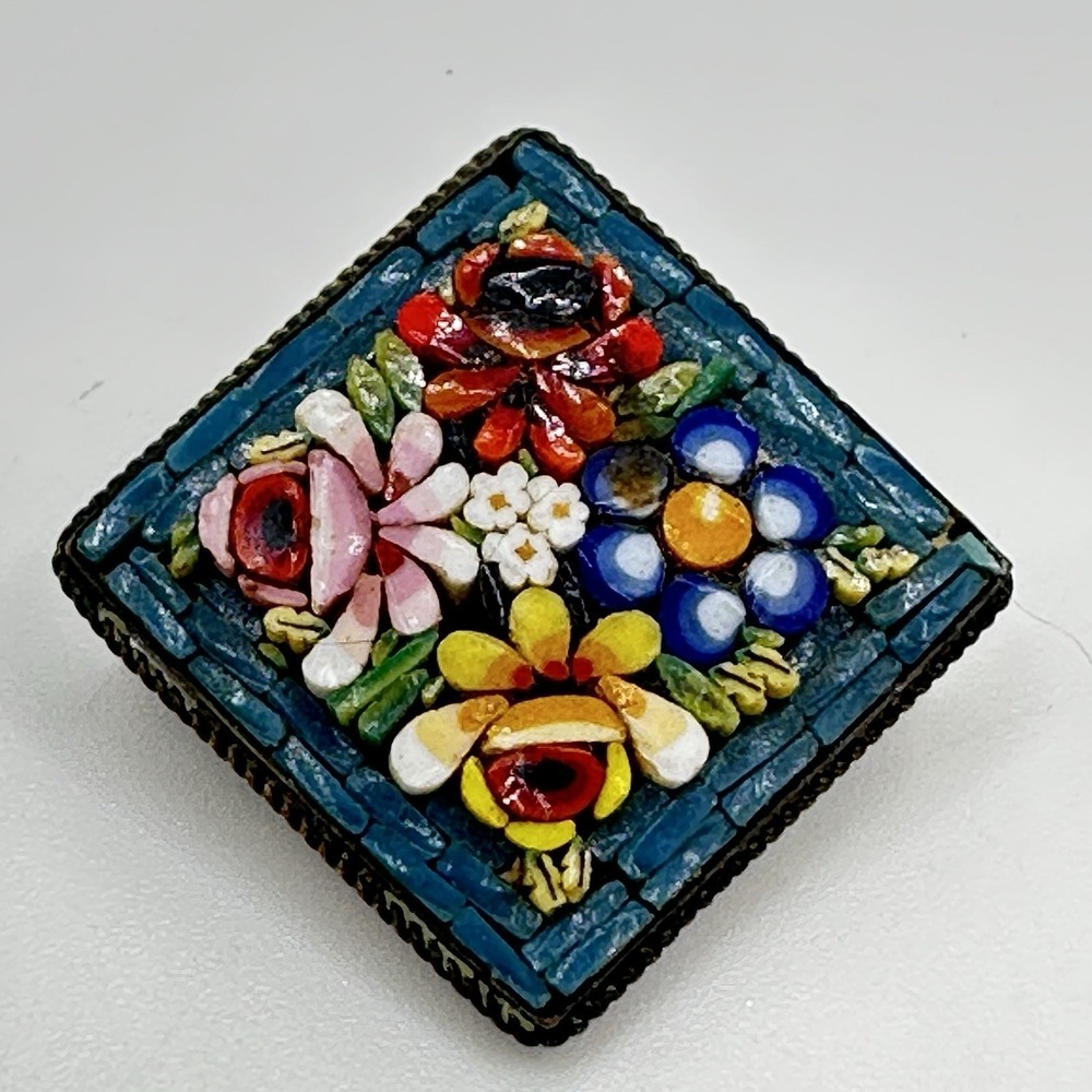 Antique Italian Mosaic Brooch Floral Tile Work Brass C Clasp Victorian Era Pin